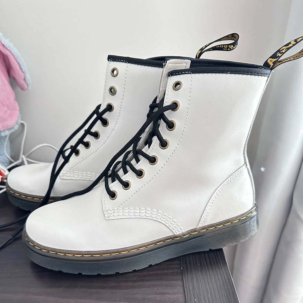 Dr. Martens White and Black Combat Boots with Chunky Sole